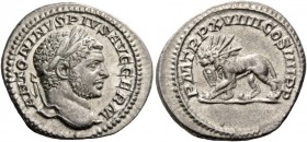 Caracalla augustus, 198 – 217. Denarius 213-217, AR 3.40 g. ANTONINVS PIVS AVG GERM Laureate head r. Rev. P M TR P XVIIII COS IIII P P Lion, radiate, ...