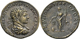 Caracalla augustus, 198 – 217. Sestertius circa 214-217, Æ 24.53 g. M AVREL ANTONINVS PIVS AVG GERM Laureate, draped and cuirassed bust r. Rev. PROVID...