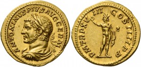 Caracalla augustus, 198 – 217. Aureus 215, AV 6.71 g. ANTONINVS PIVS AVG GERM Laureate, draped and cuirassed bust l. Rev. P M TR P XVIII – COS IIII P ...