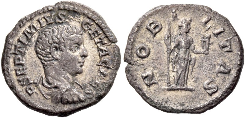 Geta caesar, 198 – 209. Quinarius 207, AR 1.10 g. P SEPTIMIVS – GETA CAES Barehe...