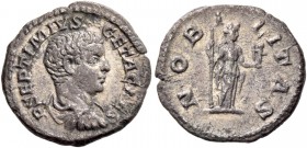 Geta caesar, 198 – 209. Quinarius 207, AR 1.10 g. P SEPTIMIVS – GETA CAES Bareheaded, draped and cuirassed bust r. Rev. NOBILITAS Nobilitas standing r...