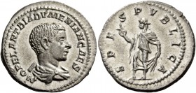 Diadumenian caesar, 217-218. Denarius 217-218, AR 3.04 g. M OPEL ANT DIADVMENIAN CAES Bareheaded, draped, and cuirassed bust r. Rev. SPES PV – BLICA S...