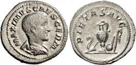 Maximus caesar, 235 – early 238. Denarius 236-238, AR 2.59 g. MAXIMVS CAES GERM Bareheaded, draped bust r. Rev. PIETAS AVG Priestly emblems. C 3. BMC ...