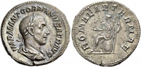 Gordian I, 238. Denarius 238, AR 3.27 g. IMP M ANT GORDIANVS AFR AVG Laureate, draped and cuirassed bust r. Rev. ROMAE AETERNAE Roma seated l. on shie...