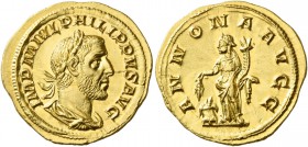 Philip I, 244 – 249. Aureus 244-247, AV 4.58 g. IMP M IVL PHILIPPVS AVG Laureate, draped and cuirassed bust r. Rev. ANNONA AVGG Annona standing l., ho...