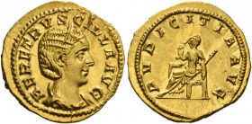 Herennia Etruscilla, wife of Trajan Decius. Aureus 249–251, AV 4.49 g. HER ETRVSCILLA AVG Diademed and draped bust r. Rev. PVDICITIA AVG Pudicitia, ve...
