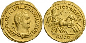 Valerian I, 253 – 260. Aureus, Samosata 255-256, AV 3.61 g. IMP C P LIC VALERIANVS AVG Laureate, draped and cuirassed bust r. Rev. VICTORIAE Victory i...