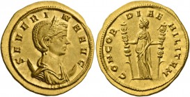 Severina, wife of Aurelian. Aureus, Ticinum 275, AV 6.36 g. SEVER – INA AVG Diademed and draped bust r., set on crescent. Rev. CONCOR – DIAE – MILITVM...