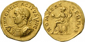Tacitus, 275 – 276. Aureus 275-276, AV 4.25 g. IMP C M CL T – ACITVS AVG Laureate and cuirassed bust l., holding spear and shield decorated with she-w...