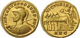 Probus, 276 – 282. Aureus, Serdica 276–282, AV 6.24 g. IMP C M AVR PROBVS P – AVG Helmeted and cuirassed bust l., holding spear in r. hand and shield ...