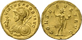Probus, 276 – 282. Aureus, Ticinum 276-282, AV 6.24 g. VIRTVS PROBI AVG Helmeted and cuirassed bust l., holding small figure in r. hand, spear and shi...