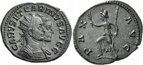 Carus, 282 – 283. Antoninianus, Lugdunum 282, billon 3.54 g. CARVS ET CARINVS AVGG Jugate busts r. of Carus, radiate and cuirassed and Carinus, Barehe...