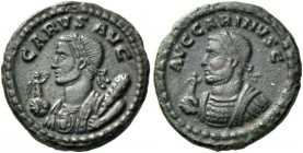 Carus, 282 – 283. Quinarius, Ticinum 283, billon 1.80 g. CARVS AVG Laureate and cuirassed bust of Carus l., wearing consular robes and holding Victory...