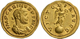 Carinus augustus, 283 – 285. Aureus, Lugdunum 284, AV 4.48 g. IMP CARINVS P F AVG Laureate, draped and cuirassed bust r. Rev. VICTO – R – I – A AVGG V...