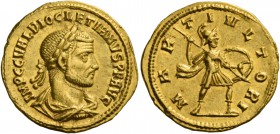 Diocletian, 284 – 305. Aureus, Cyzicus 284-286, AV 4.44 g. IMP C C VAL DIOCLETIANVS P F AVG Laureate, draped and cuirassed bust r. Rev. MAR – TI VLTOR...