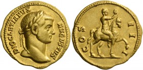 Diocletian, 284 – 305. Aureus, Antiochia 287-290, AV 5.80 g. DIOCLETIANVS – AVGVSTVS Laureate head r. Rev. COS – II – I Emperor on horseback r., raisi...