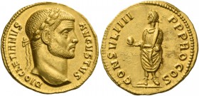 Diocletian, 284 – 305. Aureus, Cyzicus 290, AV 5.25 g. DIOCLETIANVS – AVGVSTVS Laureate head r. Rev. CONSVL IIII – P P PRO COS Emperor togate, standin...