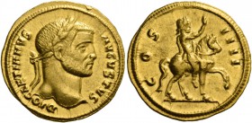 Diocletian, 284 – 305. Aureus, Cyzicus circa 290-293, AV 5.30 g. DIOCLETIANVS – AVGVSTVS Laureate head r. Rev. COS – IIII Emperor riding r., raising r...