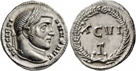Diocletian, 284 – 305. Argenteus, Ticinum circa 300, AR 3.52 g. DIOCLETI – ANVS AVG Laureate head r. Rev. XCVI / T within wreath. C 548. RIC 20a.
Rar...