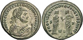 Diocletian, 284 – 305. Follis Treviri 305, Æ 10.61 g. D N DIOCLETIANO BEATISSIMO SEN AVG Laureate bust r., wearing imperial mantle, holding olive bran...