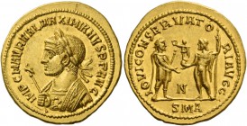 Maximianus Herculius first reign, 286 – 305. Aureus, Antiochia circa 286, AV 6.10 g. IMP C M AVR VAL MAXIMIANVS P F AVG Laureate bust l., wearing impe...