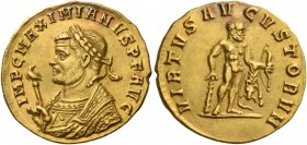 Maximianus Herculius first reign, 286 – 305. Aureus, Siscia 286, AV 5.50 g. IMP C MAXIMIANVS P F AVG Laureate bust l., wearing imperial mantle and hol...