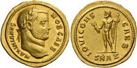 Galerius Maximianus ceasar, 293 – 305. Aureus, Antiochia circa 293-295, AV 5.19 g. MAXIMIANVS – NOB CAES Laureate head r. Rev. IOVI CONS – CAES Jupite...