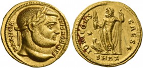 Galerius Maximianus ceasar, 293 – 305. Aureus, Antiochia 299-302, AV 5.28 g. MAXIMIA – NVS NOB CAES Laureate head r. Rev. IOVI CONS – CAES * Jupiter, ...
