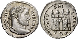 Galerius Maximianus ceasar, 293 – 305. Argenteus, Thessalonica circa 302, AR 3.10 g. MAXIMIA – NVS NOB C Laureate head r. Rev. VIRTV – S MI – LITVM Ca...