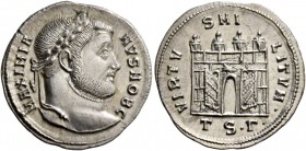 Galerius Maximianus ceasar, 293 – 305. Argenteus, Thessalonica circa 302, AR 3.44 g. MAXIMIA – NVS NOB C Laureate head r. Rev. VIRTV – S MI – LITVM Ca...