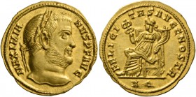 Galerius Maximianus augustus, 305 – 311. Aureus, Aquileia 305-306, AV 5.21 g. MAXIMIA – NVS PF AVG Laureate head r. Rev. FELI – CITAS AVGG NOSTR Felic...