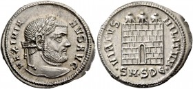 Galerius Maximianus augustus, 305 – 311. Argenteus, Serdica 305-306, AR 3.45 g. MAXIMI – ANVS AVG Laureate head r. Rev. VIRTVS – MILITVM Camp gate wit...