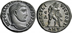 Maximinus II Daia augustus, 310 – 313. Foolis, Antiochia 313, Æ 5.24 g. IMP C GAL VAL MAXIMINVS P F AVG Laureate head r. Rev. HERCVLI – VICTORI Hercul...