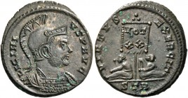 Licinius I, 308 – 324. Follis, Treveri 320-321, Æ 3.41 g. LICINI –VS P AVG Helmeted and cuirassed bust r. Rev. VIRTVS – EXERCIT Two captives seated at...