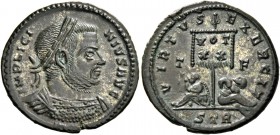 Licinius I, 308 – 324. Follis, Treveri 320-321, Æ 2.92 g. IMP LICI – NIVS AVG Laureate, draped and cuirassed bust r. Rev. VIRTVS – EXERCIT Two captive...