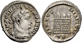 Constantine I, 307 – 337. Half argenteus, Treveri 307-308, AR 1.50 g. IMP CONSTANTINVS AVG Laureate and cuirassed bust r. Rev. VIRTVS – MILITVM Four-t...