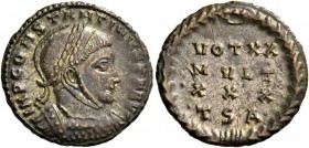 Constantine I, 307 – 337. Follis, Thessalonica 318-319, Æ 2.63 g. IMP CONSTANTINVS P F AVG Helmeted, draped and cuirassed bust r. Rev. VOT X X / MVLT ...