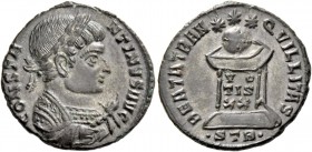 Constantine I, 307 – 337. Follis, Treveri 321, Æ 2.77 g. CONSTA – NTINVS AVG Laureate and mantled bust r., holding eagle tipped sceptre. Rev. BEATA TR...