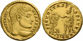 Constantine I, 307 – 337. Solidus, Sirmium 323, AV 4.35 g. CONSTANTI – NVS P F AVG Laureate head r. Rev. SECVRITAS PE – RPETVA Emperor, in military at...