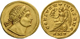 Constantine I, 307 – 337. Solidus, Ticinum 324-325, AV 4.40 g. Diademed head r. Rev. CONSTANTINVS AVG Victory seated l. on shield, holding Victory on ...