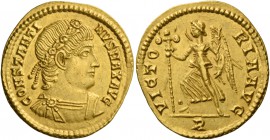 Constantine II caesar, 317 – 337. Solidus 336-337, AV 4.52 g. CONSTANTI – NIVS MAX AVG Laurel, rosette diademed, draped and cuirassed bust r. VICTO – ...