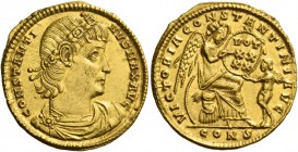 Constantine II caesar, 317 – 337. Solidus, Constantinople 336-337, AV 4.17 g. CONSTANTI – NVS MAX AVG Rosette-diademed, draped and cuirassed bust r. R...