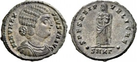 Fausta, wife of Constantine I. Follis, Cyzicus 324-325, Æ 3.42 g. FLAV MAX – FAVSTA AVG Draped bust r. Rev. SPES REIP – VBLICAE Empress as Salus stand...