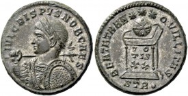 Crispus caesar, 316 – 324. Follis, Treviri 321, Æ 3.60 g. IVL CRISPVS NOB CAES Laureate and cuirassed bust l., holding spear and shield. Rev. BEATA TR...