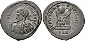 Crispus caesar, 316 – 324. Follis, Treviri 321, Æ 3.71 g. IVL CRISPVS NOB CAES Laureate and cuirassed bust l., holding spear and shield. Rev. BEATA TR...