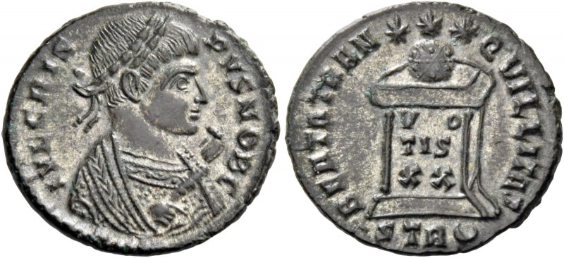 Crispus caesar, 316 – 324. Follis, Treveri 323, Æ 2.90 g. IVL CRIS – PVS NOB C L...