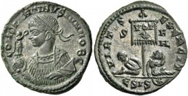Constantine II caesar, 316 – 337. Follis, Siscia 320, Æ 3.16 g. CONSTANTINVS IVN NOB C Laureate and cuirassed bust l., holding Victory on globe. Rev. ...