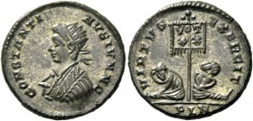 Constantine II caesar, 316 – 337. Follis, Londinium 320-321, Æ 3.41 g. CONSTANTI – NVS IVN NO Radiate, trabeate and cuirassed bust l. Rev. VIRTVS – EX...