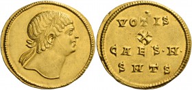 Constantine II caesar, 316 – 337. Medallion of 2 Solidi, Thessalonica 327, AV 8.84 g. Diademed head of Constantine II r., looking upward. Rev. VOTIS /...