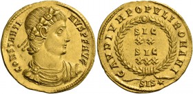 Constantine II augustus, 337 – 340. Solidus, Siscia 337-340, AV 4.37 g. CONSTANTI – NVS P F AVG Laurel, rosette-diademed, draped and cuirassed bust r....